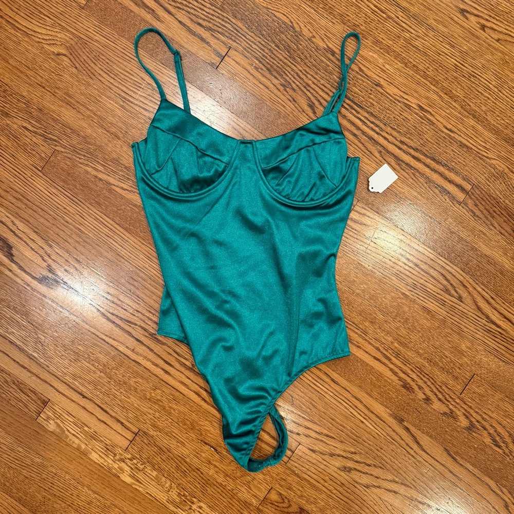PrettyLittleThing Green Satin Bodysuit